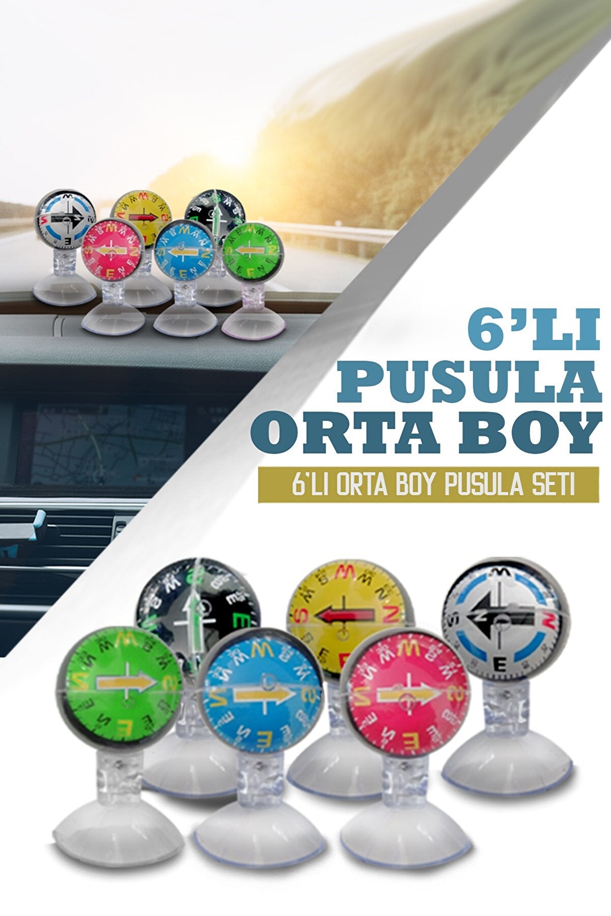 ŞüsCarOto Juego de brújula con ventosa para el interior del coche, tamaño mediano, 6 unidades, ajustable, estilo nostálgico