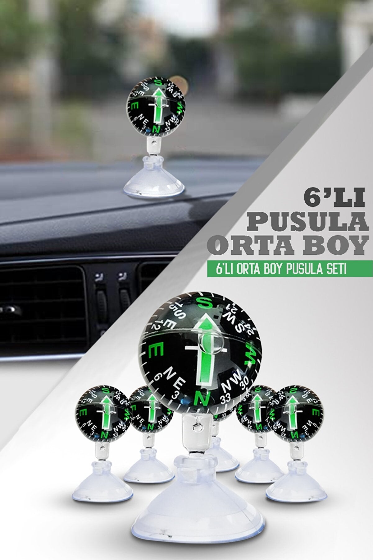 ŞüsCarOto Juego de brújulas de ventosa para coche, tamaño mediano, ajustables, estilo vintage, negras, 6 unidades