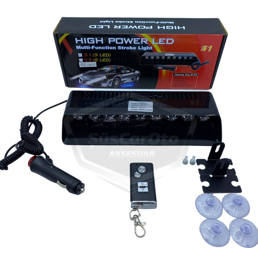 S1 Ventosa LED para ventana con mando a distancia, luz estroboscópica de policía, 9 LED, rojo, blanco y azul, 14 modos, enchufe para encendedor de cigarrillos