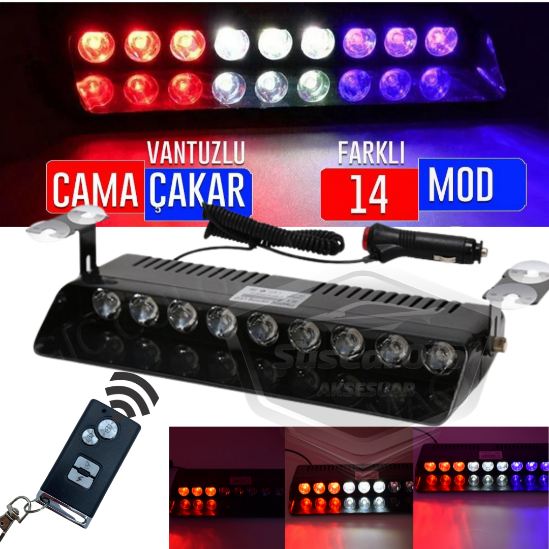 S1 Ventosa LED para ventana con mando a distancia, luz estroboscópica de policía, 9 LED, rojo, blanco y azul, 14 modos, enchufe para encendedor de cigarrillos