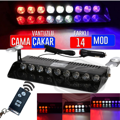 S1 Ventosa LED para ventana con mando a distancia, luz estroboscópica de policía, 9 LED, rojo, blanco y azul, 14 modos, enchufe para encendedor de cigarrillos