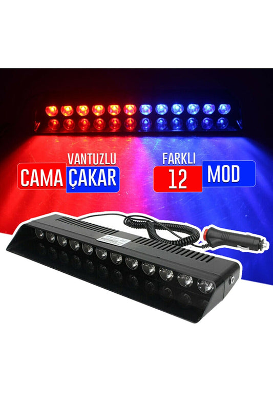 S12 Baliza Policial con Ventosas para Cristal 12 LED Rojo Azul con Conexión a Encendedor