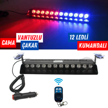 S12 Luz estroboscópica de policía con ventosa para ventana con control remoto, 12 LED, 14 modos diferentes, inalámbrica, roja y azul, con conexión para encendedor de cigarrillos