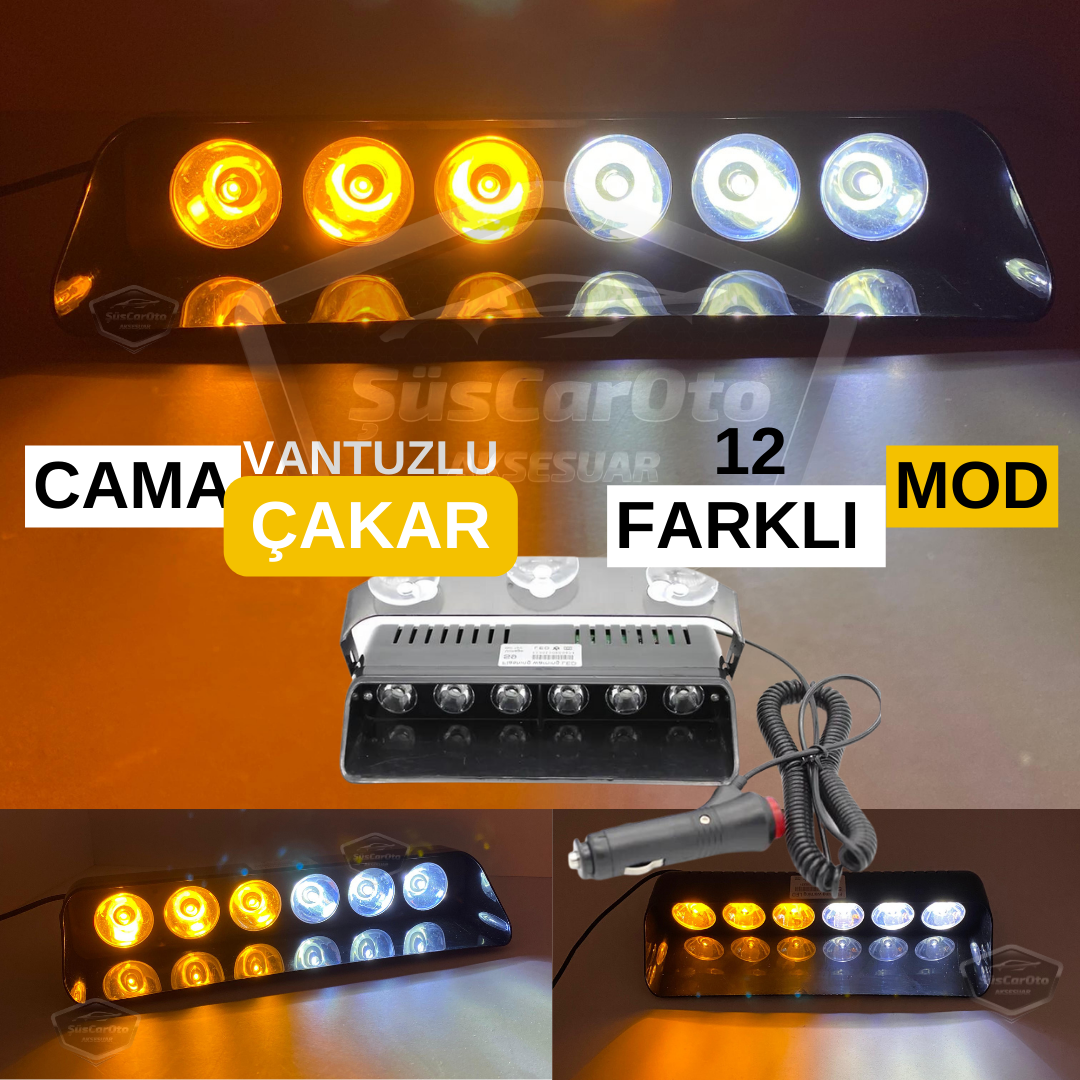 S6 Lámpara Estroboscópica de Ambulancia y Bomberos con Ventosa Interior, 6 Luces LED, 12 Modos Diferentes, Blanco y Amarillo, con Enchufe para Encendedor de Cigarrillos