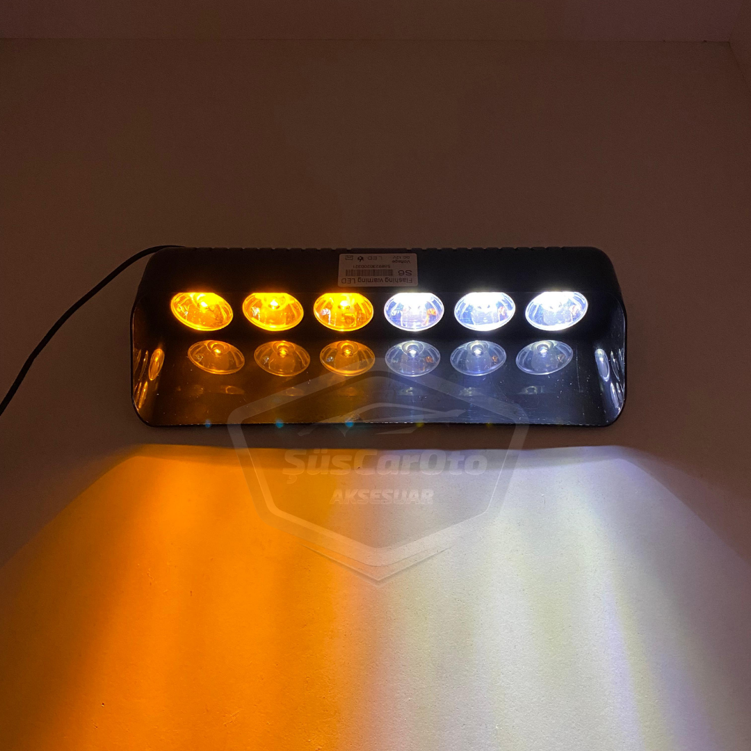 S6 Lámpara Estroboscópica de Ambulancia y Bomberos con Ventosa Interior, 6 Luces LED, 12 Modos Diferentes, Blanco y Amarillo, con Enchufe para Encendedor de Cigarrillos