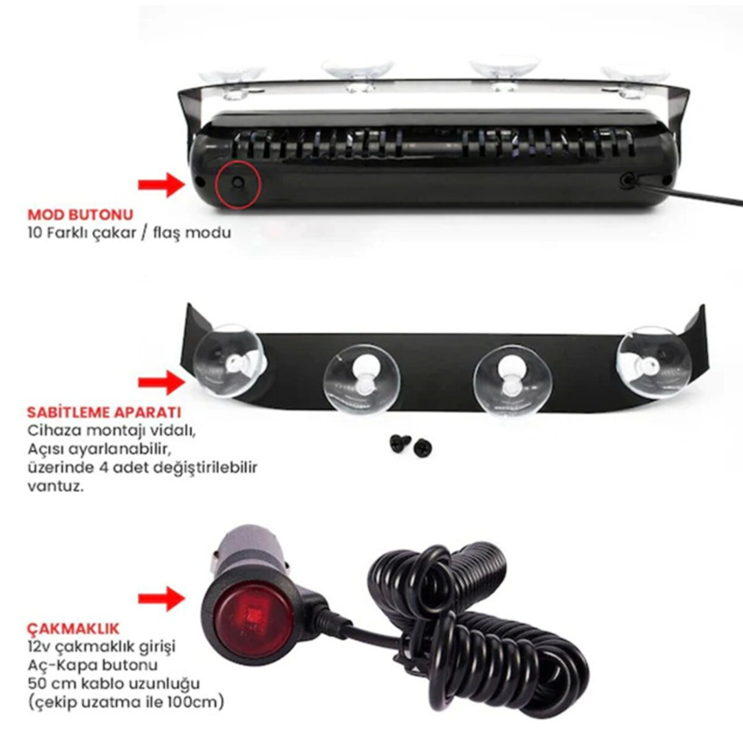 S6 Lámpara Estroboscópica de Ambulancia y Bomberos con Ventosa Interior, 6 Luces LED, 12 Modos Diferentes, Blanco y Amarillo, con Enchufe para Encendedor de Cigarrillos