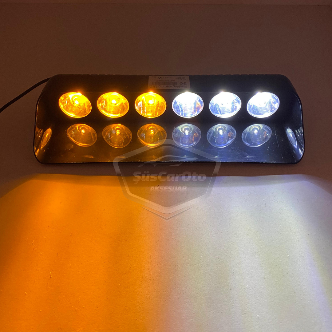 S6 Lámpara Estroboscópica de Ambulancia y Bomberos con Ventosa Interior, 6 Luces LED, 12 Modos Diferentes, Blanco y Amarillo, con Enchufe para Encendedor de Cigarrillos