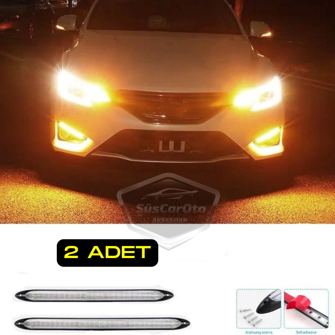 Luz de día con señal de giro secuencial flexible para coche, DRL LED, potente, luz de bienvenida con animación de inicio, 12 V, impermeable, amarillo y blanco, 2 unidades, 23,5 cm, ONG124