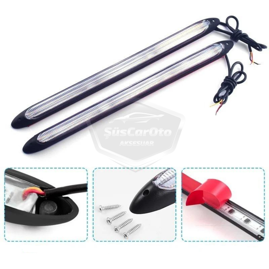 Luz de día con señal de giro secuencial flexible para coche, DRL LED, potente, luz de bienvenida con animación de inicio, 12 V, impermeable, amarillo y blanco, 2 unidades, 23,5 cm, ONG124