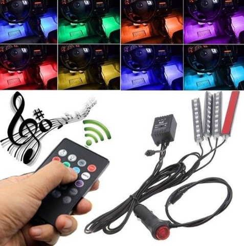 Iluminación RGB para pies con LED sensibles al sonido y control remoto, 8 colores, 12V