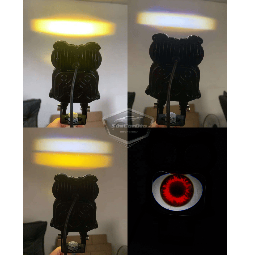 Şeytan Gözlü Baykuş Sis Farı Çakarlı Çift Renk Sarı-Beyaz 9-80V Araç Motosiklet Off Road Led Lamba Delici Yayıcı Projektör 50W Metal Arazi Çalışma Lambası 1 Adet