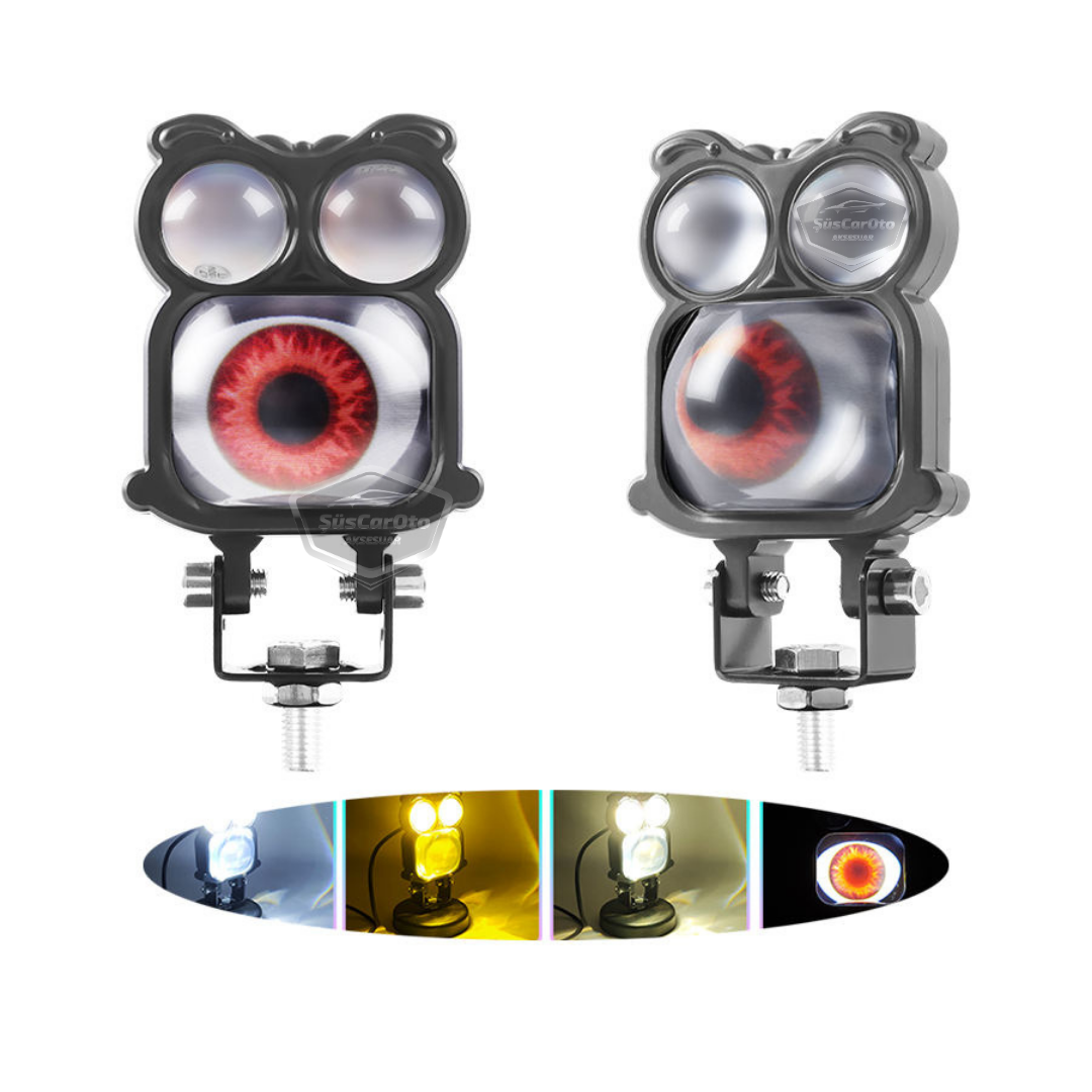 Şeytan Gözlü Baykuş Sis Farı Çakarlı Çift Renk Sarı-Beyaz 9-80V Araç Motosiklet Off Road Led Lamba Delici Yayıcı Projektör 50W Metal Arazi Çalışma Lambası 1 Adet