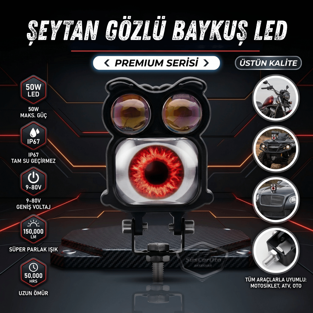 Şeytan Gözlü Baykuş Sis Farı Çakarlı Çift Renk Sarı-Beyaz 9-80V Araç Motosiklet Off Road Led Lamba Delici Yayıcı Projektör 50W Metal Arazi Çalışma Lambası 1 Adet