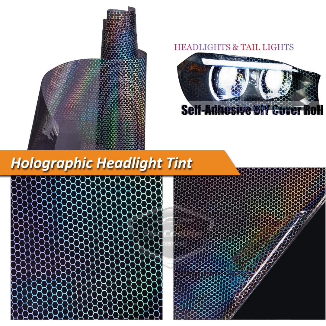Película de faro holográfica negra con patrón de panal, protector de arañazos para faros, lámina de 100 x 30 cm ONP1001