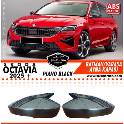 Skoda Octavia Mk4 FL Sinyalizado Compatible con 2025 en adelante Tapa de Espejo Retrovisor Batman Murciélago Piano Black Plástico ABS Juego Izquierdo y Derecho