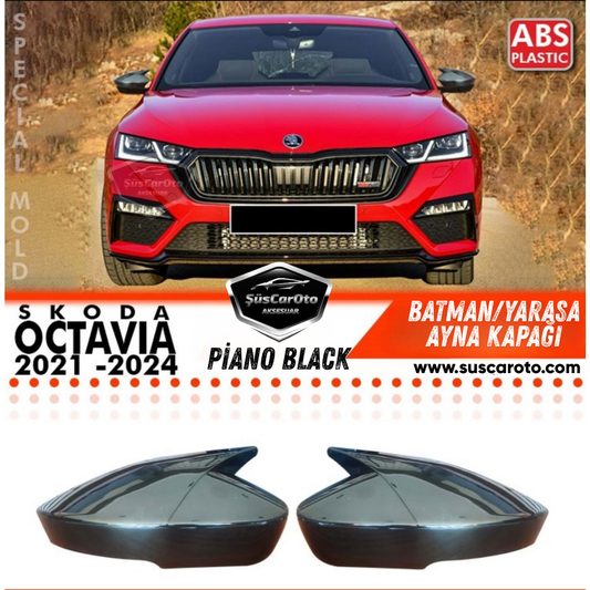 Cubierta de espejo retrovisor de murciélago Batman compatible con Skoda Octavia Mk4 con intermitente 2021-2024, plástico ABS negro piano, juego derecho e izquierdo