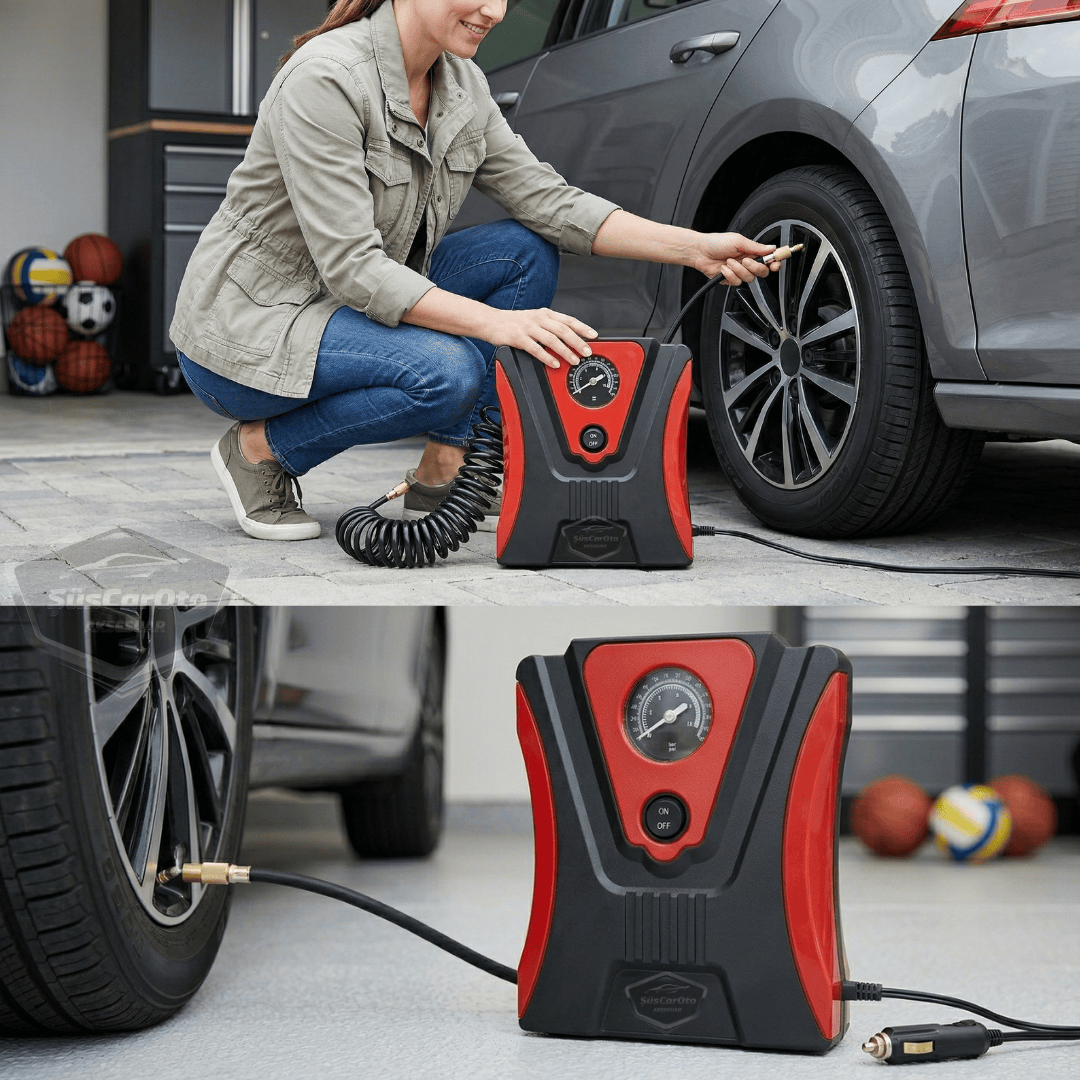 Taşınabilir Oto Hava Kompresörü Araç Hava Pompası 12V Mini Lastik Bot Şişirme Çakmaklık Girişli Basınç Göstergeli 150 PSİ 60W