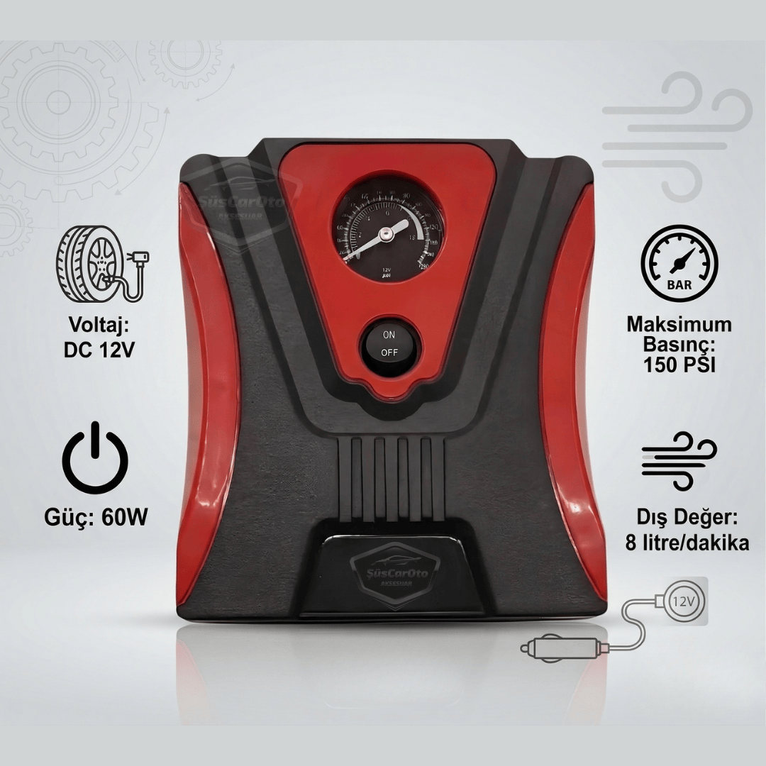 Taşınabilir Oto Hava Kompresörü Araç Hava Pompası 12V Mini Lastik Bot Şişirme Çakmaklık Girişli Basınç Göstergeli 150 PSİ 60W