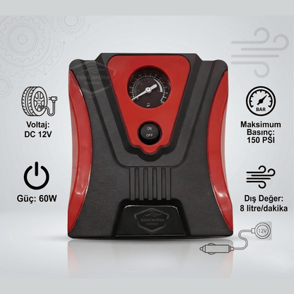 Taşınabilir Oto Hava Kompresörü Araç Hava Pompası 12V Mini Lastik Bot Şişirme Çakmaklık Girişli Basınç Göstergeli 150 PSİ 60W