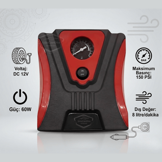 Taşınabilir Oto Hava Kompresörü Araç Hava Pompası 12V Mini Lastik Bot Şişirme Çakmaklık Girişli Basınç Göstergeli 150 PSİ 60W
