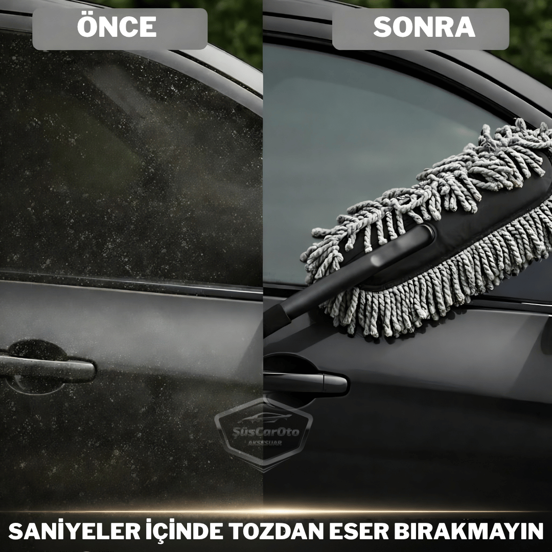 Teleskopik Uzayan Saplı 2'si 1 Arada Araç Yıkama ve Toz Alma Fırçası Araba Temizleme Püskülü 1.Sınıf Oto Yıkama Mopu Mikrofiber Çizmez Pamuk İplik