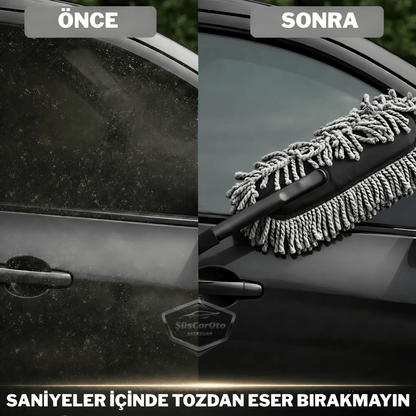 Teleskopik Uzayan Saplı 2'si 1 Arada Araç Yıkama ve Toz Alma Fırçası Araba Temizleme Püskülü 1.Sınıf Oto Yıkama Mopu Mikrofiber Çizmez Pamuk İplik
