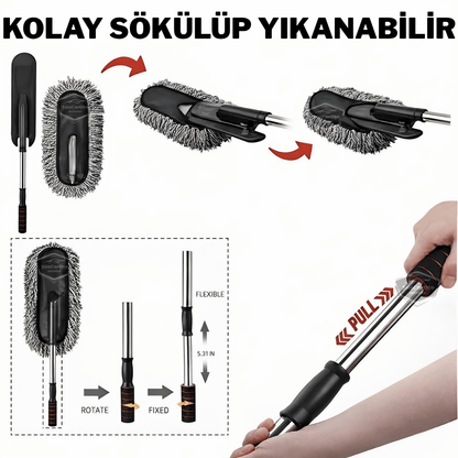 Teleskopik Uzayan Saplı 2'si 1 Arada Araç Yıkama ve Toz Alma Fırçası Araba Temizleme Püskülü 1.Sınıf Oto Yıkama Mopu Mikrofiber Çizmez Pamuk İplik