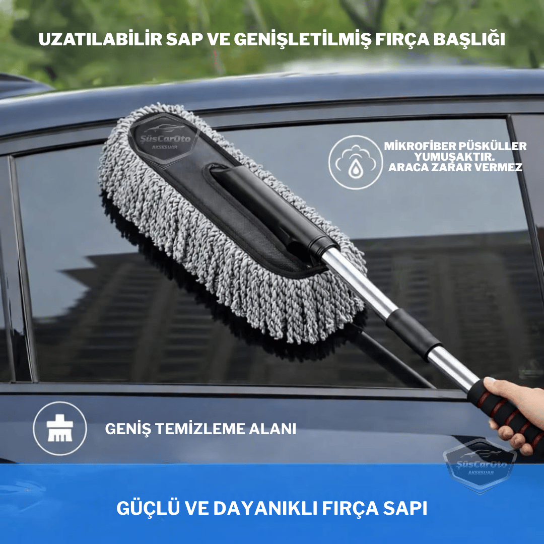 Teleskopik Uzayan Saplı 2'si 1 Arada Araç Yıkama ve Toz Alma Fırçası Araba Temizleme Püskülü 1.Sınıf Oto Yıkama Mopu Mikrofiber Çizmez Pamuk İplik