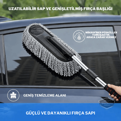 Teleskopik Uzayan Saplı 2'si 1 Arada Araç Yıkama ve Toz Alma Fırçası Araba Temizleme Püskülü 1.Sınıf Oto Yıkama Mopu Mikrofiber Çizmez Pamuk İplik