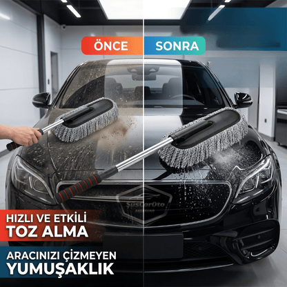Teleskopik Uzayan Saplı 2'si 1 Arada Araç Yıkama ve Toz Alma Fırçası Araba Temizleme Püskülü 1.Sınıf Oto Yıkama Mopu Mikrofiber Çizmez Pamuk İplik