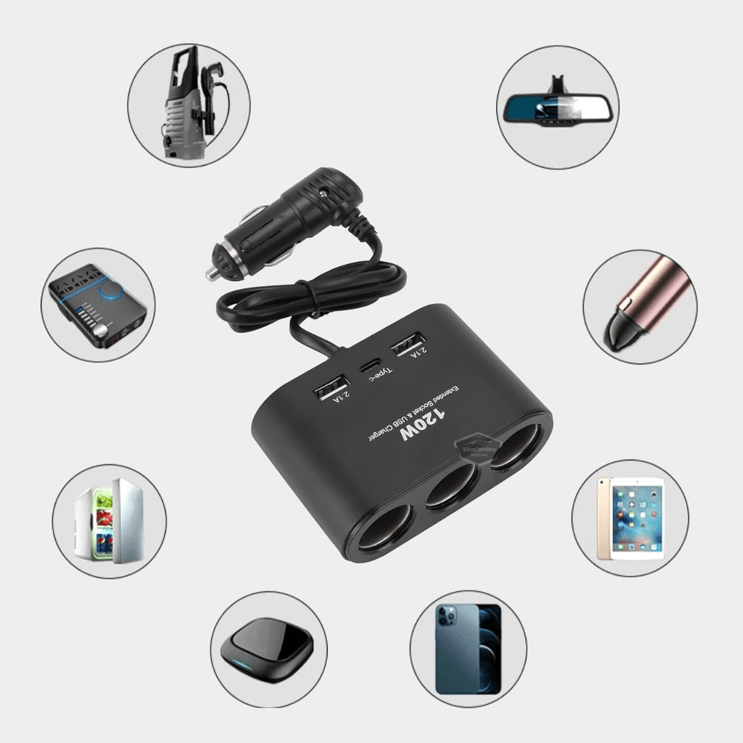 Conector de mechero triple universal 120W, multiplicador de mechero con 2 USB y 1 Tipo-C, cargador de coche, divisor de mechero 12V/24V ONT289
