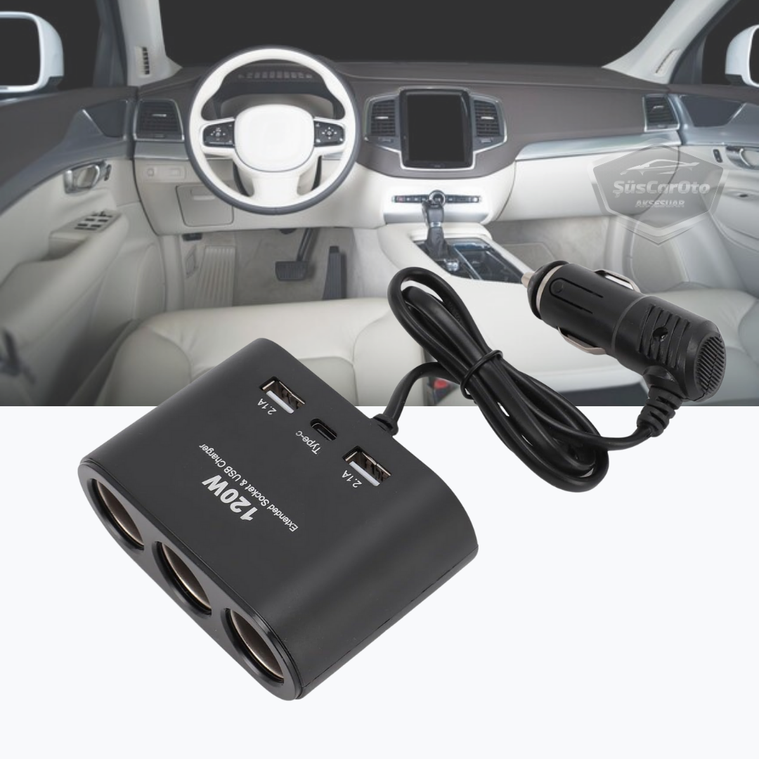 Conector de mechero triple universal 120W, multiplicador de mechero con 2 USB y 1 Tipo-C, cargador de coche, divisor de mechero 12V/24V ONT289