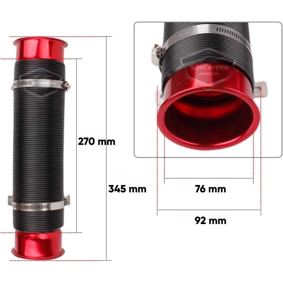 Tubo de filtro de aire universal de acordeón, manguera flexible extensible para mejorar el rendimiento y el sonido, extensión en espiral de filtro de aire de 75 mm, rojo