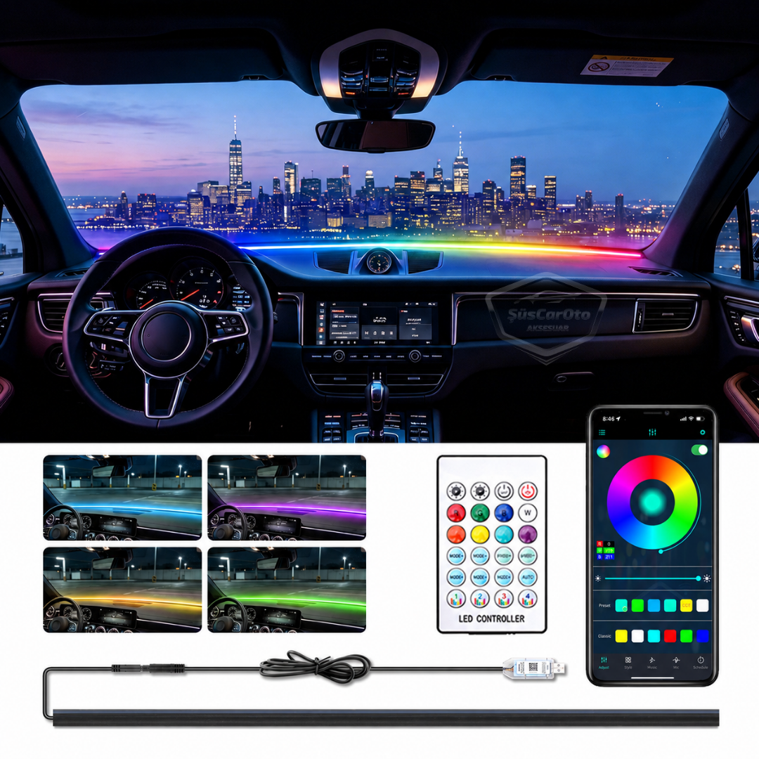 Universal Araç İçi App ve Kumanda Kontrollü Ön Cam Fitil Ambiyans RGB Atmosfer Cam Önü Ambiyans Led Neon Lamba Ses Yalıtım Fitili USB Girişli Montajsız