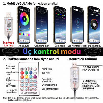 Universal Araç İçi App ve Kumanda Kontrollü Ön Cam Fitil Ambiyans RGB Atmosfer Cam Önü Ambiyans Led Neon Lamba Ses Yalıtım Fitili USB Girişli Montajsız