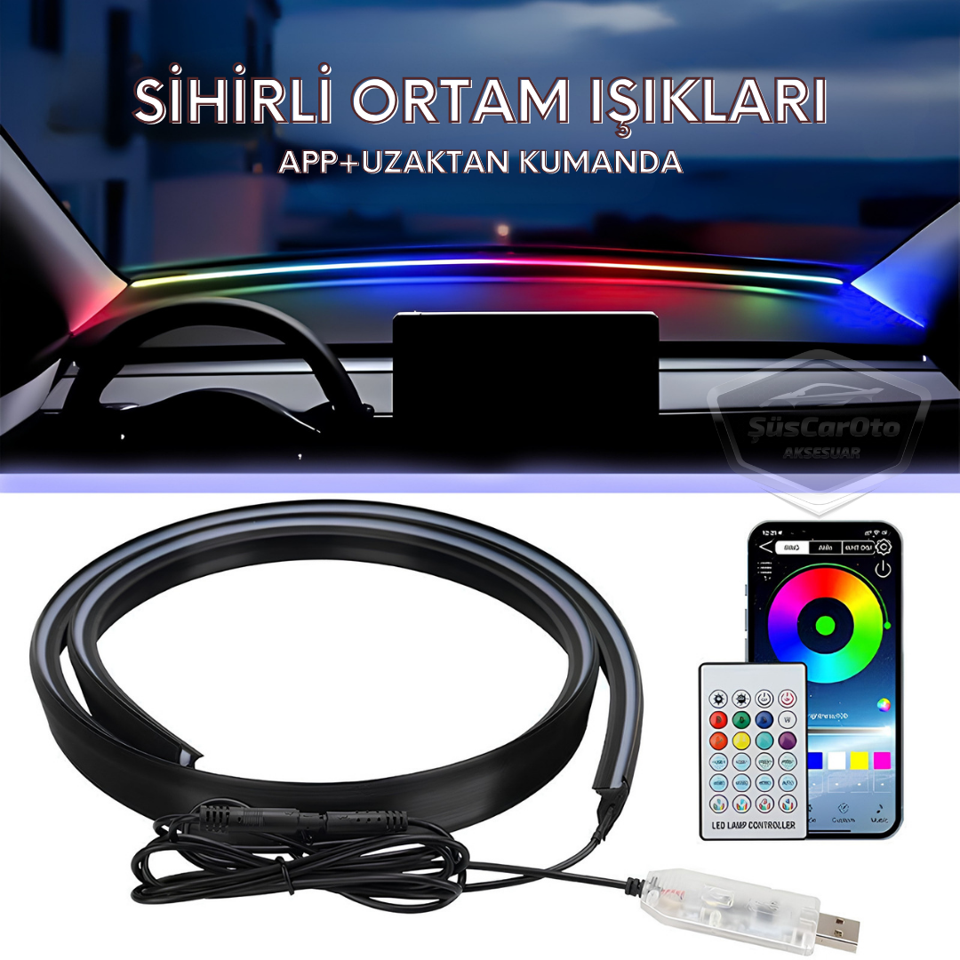 Universal Araç İçi App ve Kumanda Kontrollü Ön Cam Fitil Ambiyans RGB Atmosfer Cam Önü Ambiyans Led Neon Lamba Ses Yalıtım Fitili USB Girişli Montajsız