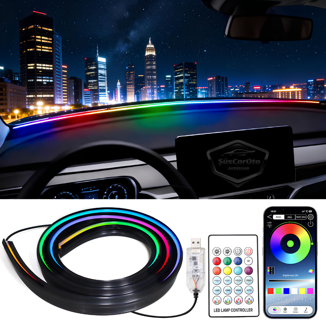 Universal Araç İçi App ve Kumanda Kontrollü Ön Cam Fitil Ambiyans RGB Atmosfer Cam Önü Ambiyans Led Neon Lamba Ses Yalıtım Fitili USB Girişli Montajsız