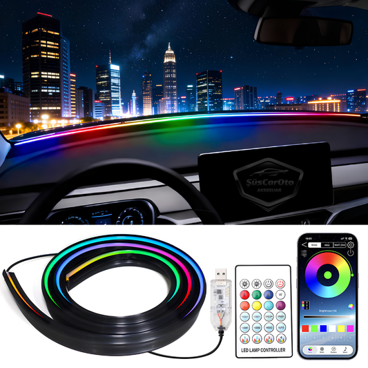 Universal Araç İçi App ve Kumanda Kontrollü Ön Cam Fitil Ambiyans RGB Atmosfer Cam Önü Ambiyans Led Neon Lamba Ses Yalıtım Fitili USB Girişli Montajsız