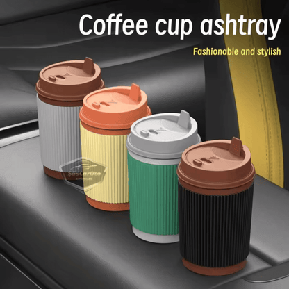 Cenicero de coche a prueba de olores, incombustible, con luz LED, con aspecto de vaso de café universal, sin humo, con tapa hermética, para el interior del coche, en color negro y marrón