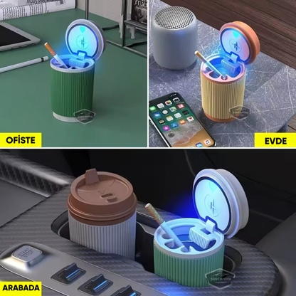 Cenicero de coche a prueba de olores, con luz LED, ignífugo, diseño de vaso de café universal, sin humo, con tapa sellada, para interior de coche, color verde y blanco.