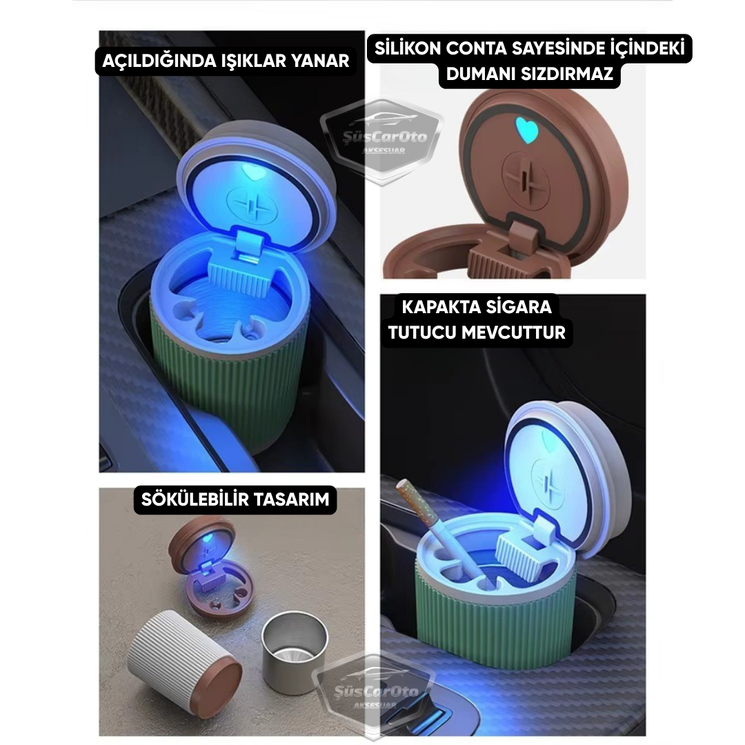 Cenicero de coche a prueba de olores, con luz LED, ignífugo, diseño de vaso de café universal, sin humo, con tapa sellada, para interior de coche, color verde y blanco.