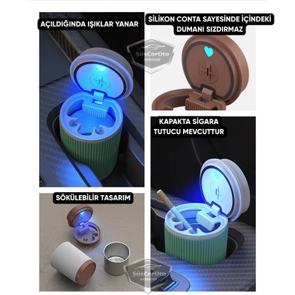 Cenicero de coche a prueba de olores, con luz LED, ignífugo, diseño de vaso de café universal, sin humo, con tapa sellada, para interior de coche, color verde y blanco.