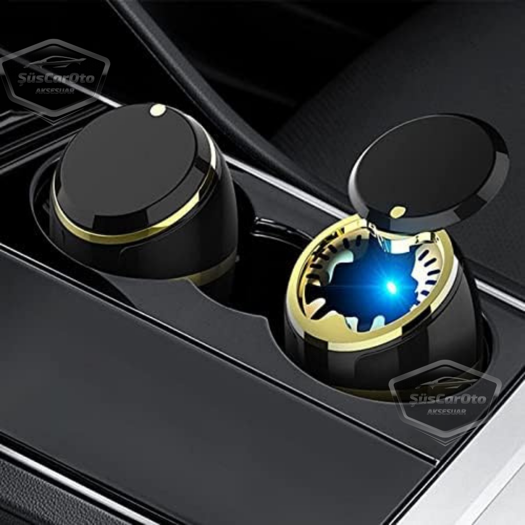 Cenicero universal de lujo a prueba de olores, ignífugo, con tapa deslizante, luz azul, para coche, sin humo, deportivo, color plateado ONK15