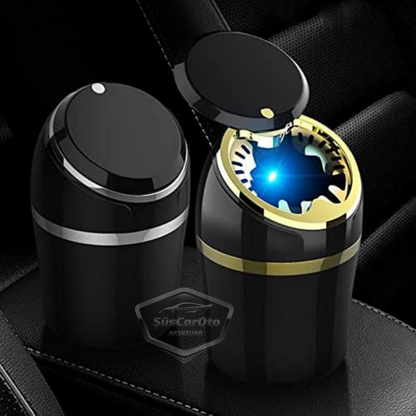 Cenicero universal de lujo a prueba de olores, ignífugo, con tapa deslizante, luz azul, para coche, sin humo, deportivo, color plateado ONK15
