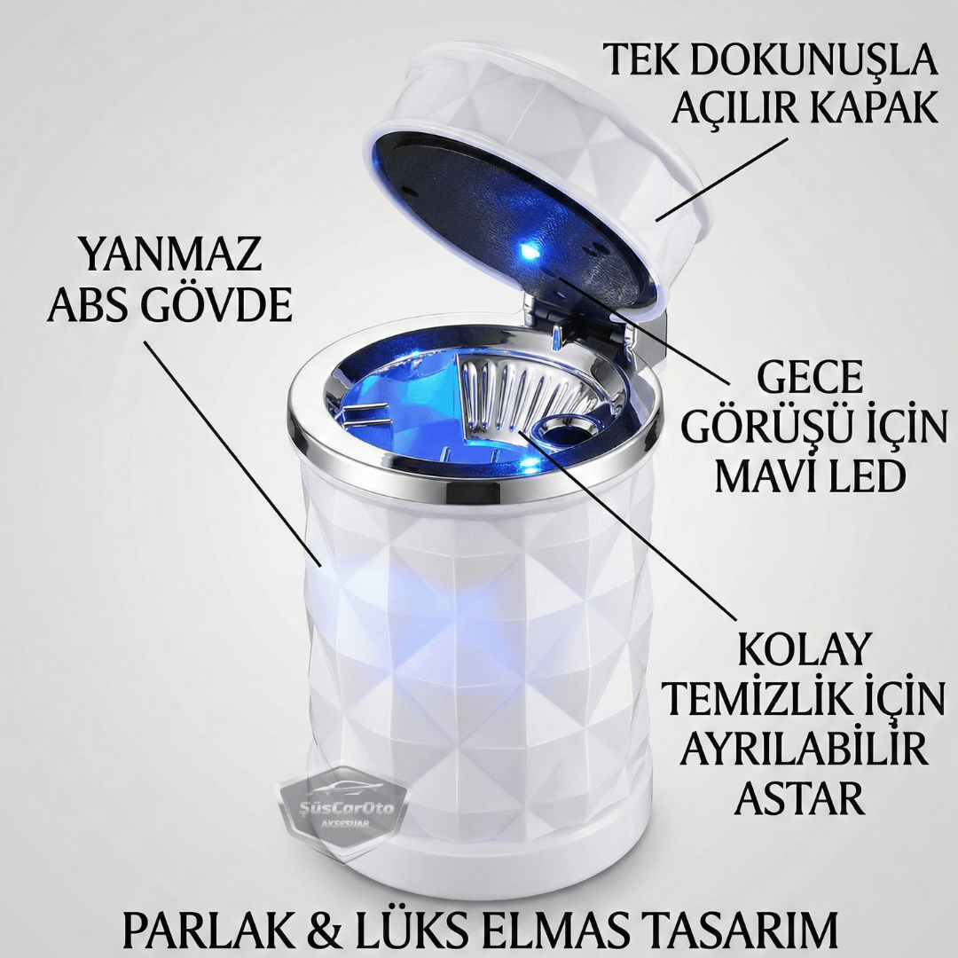 Cenicero universal de lujo con luz LED azul con apariencia de piedra de cristal y diamante, con tapa, para coche deportivo, color blanco.