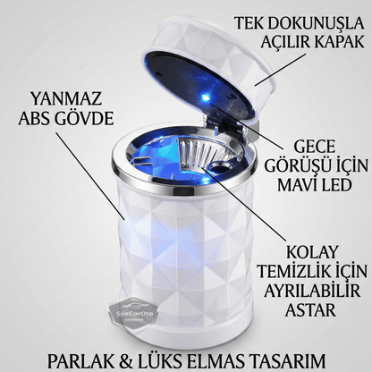 Cenicero universal de lujo con luz LED azul con apariencia de piedra de cristal y diamante, con tapa, para coche deportivo, color blanco.