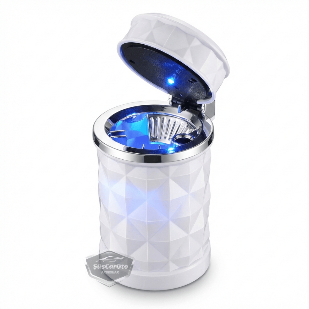 Cenicero universal de lujo con luz LED azul con apariencia de piedra de cristal y diamante, con tapa, para coche deportivo, color blanco.