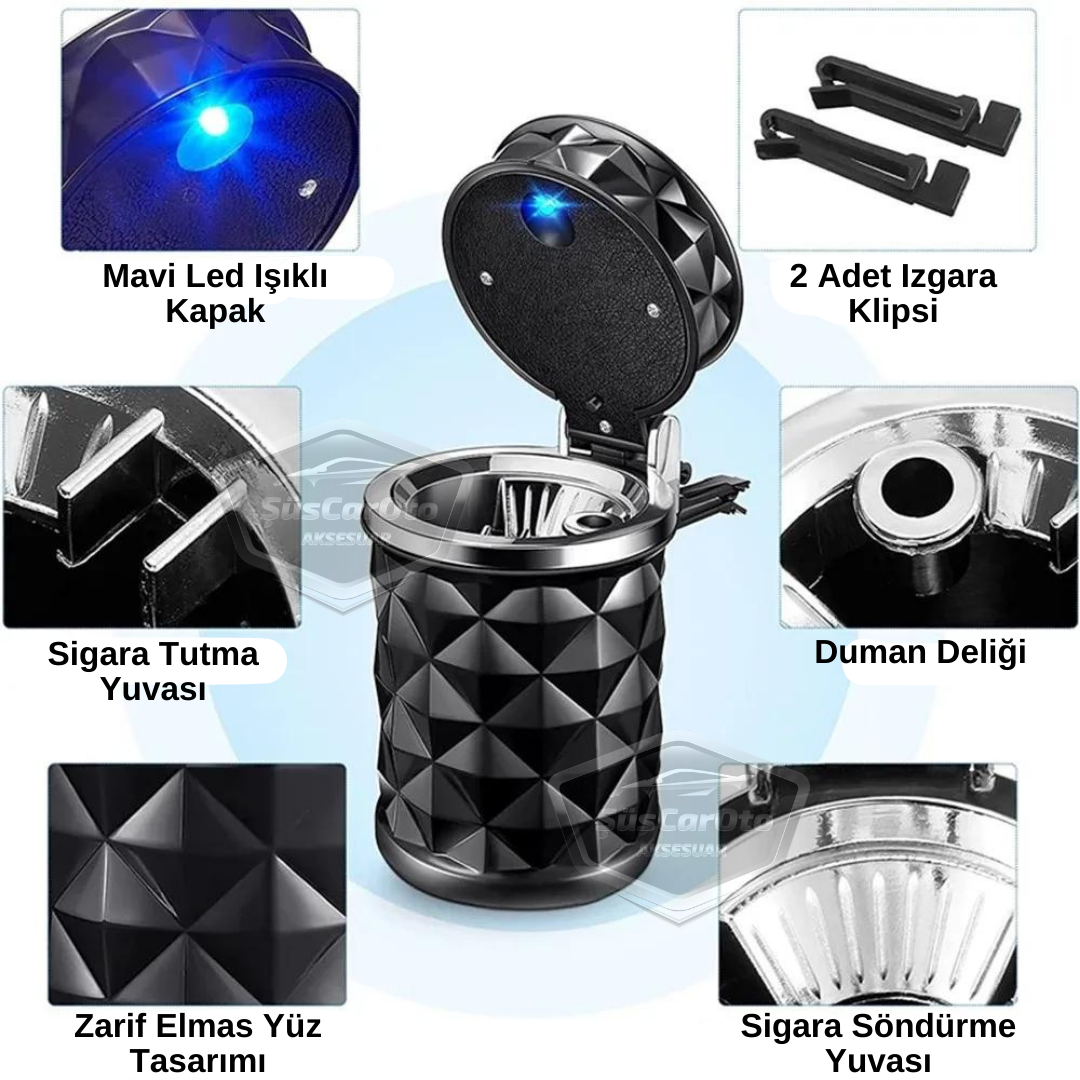 Cenicero de lujo universal con diseño de piedra de cristal y diamante, con luz LED azul, para coche deportivo, con tapa, color negro ONK16
