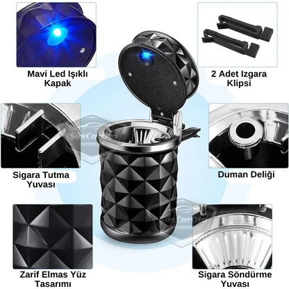 Cenicero de lujo universal con diseño de piedra de cristal y diamante, con luz LED azul, para coche deportivo, con tapa, color negro ONK16