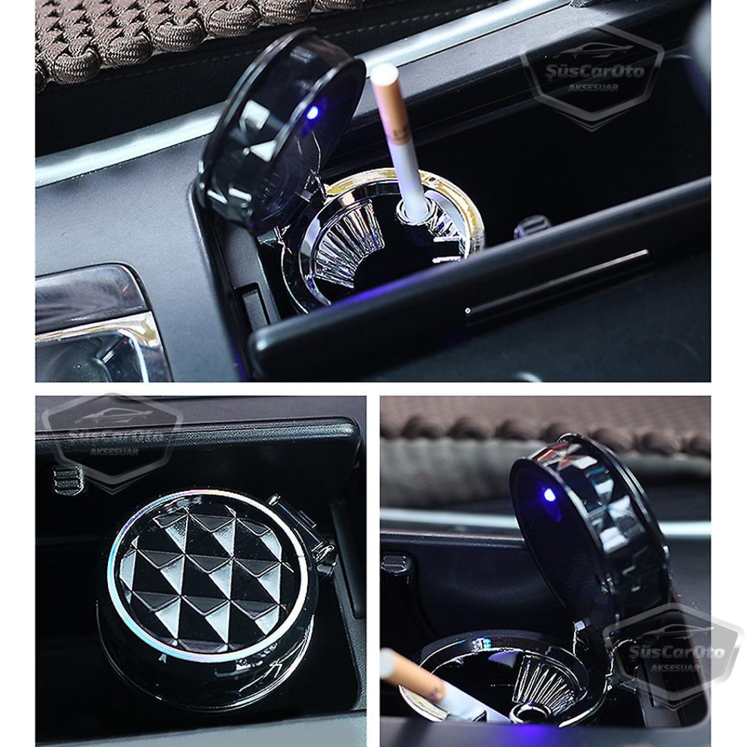 Cenicero de lujo universal con diseño de piedra de cristal y diamante, con luz LED azul, para coche deportivo, con tapa, color negro ONK16
